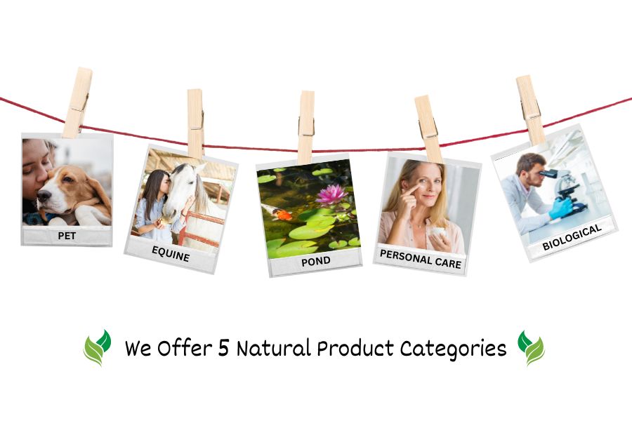 image showing 5 pictures hung on a line that displays the 5 natural private label categories of products we offer