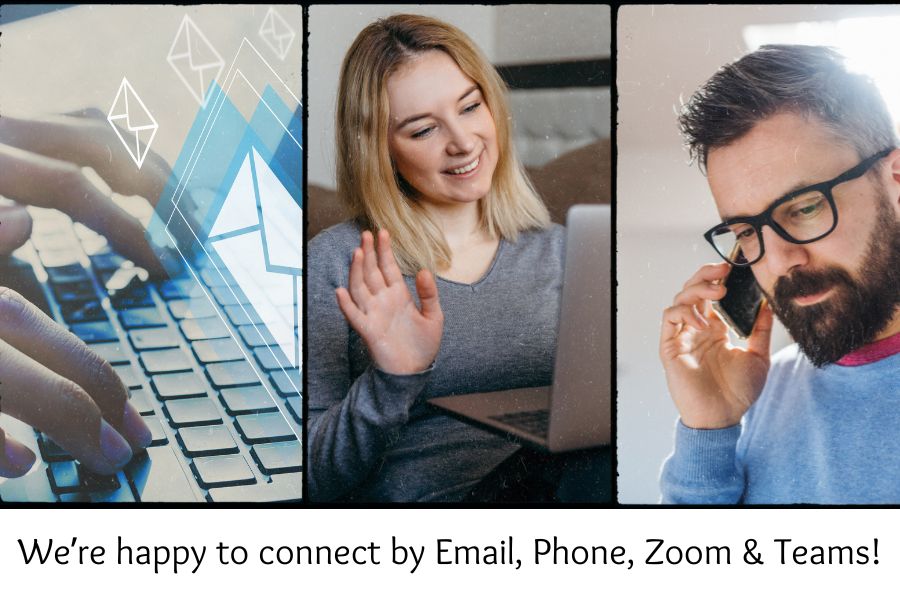 image showing someone typing on computer and a woman on a zoom call and a guy on a cell phone showing the 3 ways we connect with customers to help them with their new private label products