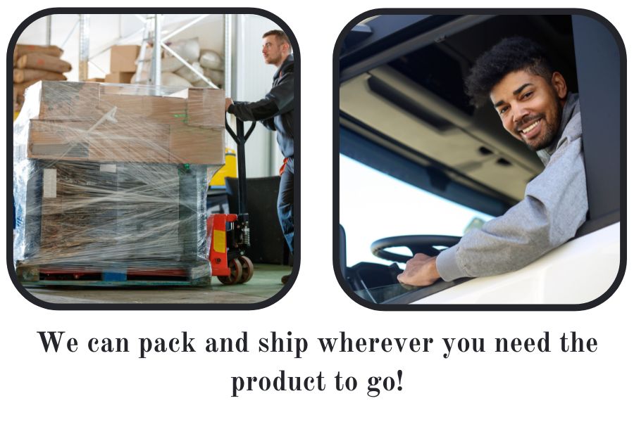 image showing a guy wrapping a pallet of products and a truck driver planning to deliver a customers private label line wherever they need it to go