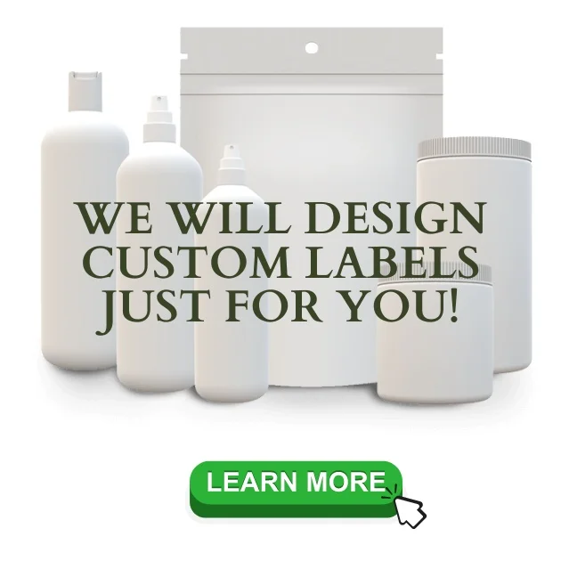 picture of blank bottles jars and pouches that can have custom private label graphics made for each customer and can click to learn more